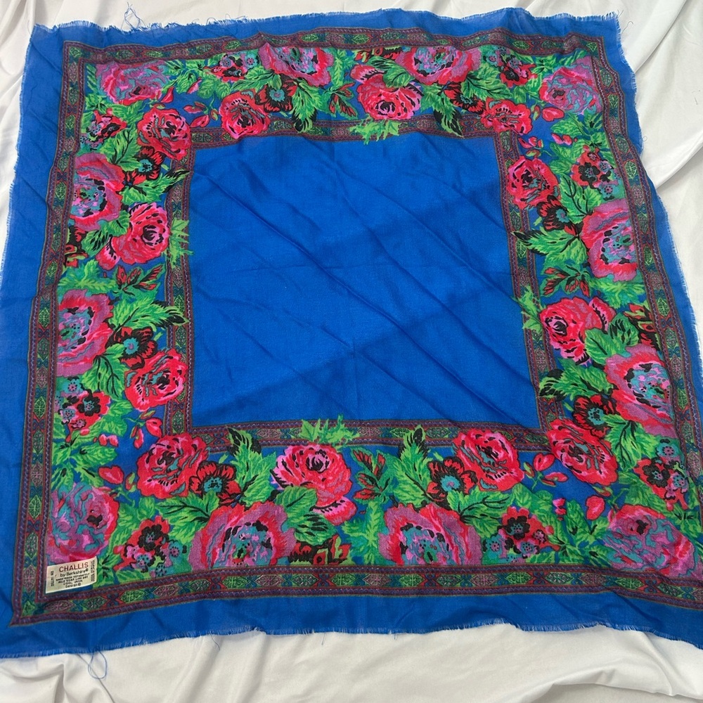 Vintage Challis By Berkshire Scarf Blue Red Floral RN 14570 Made In Japan - Picture 2 of 7